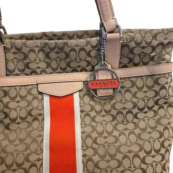 Coach Signature Silver Khaki Hot Orange Purse Jacquard Fabric Leather #056 - Picture 2 of 5